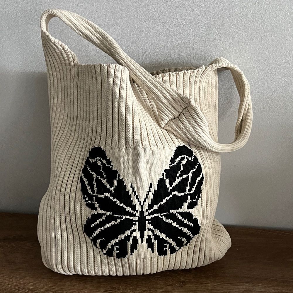 Boutique Cream Ribbed Knit Butterfly Shoulder Bag Soft Girl Aesthetic